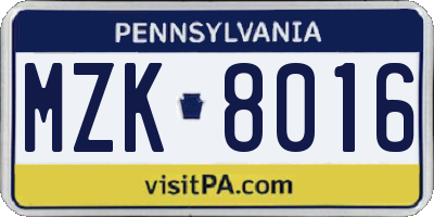 PA license plate MZK8016