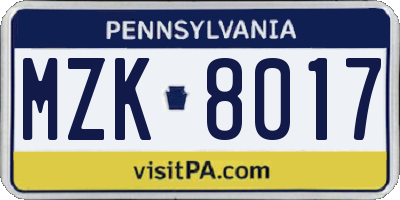 PA license plate MZK8017