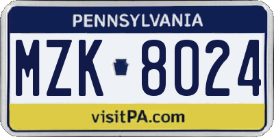 PA license plate MZK8024