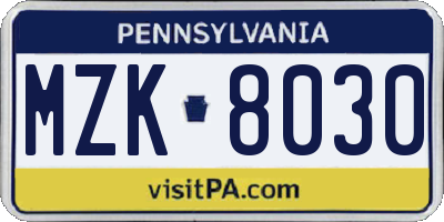PA license plate MZK8030