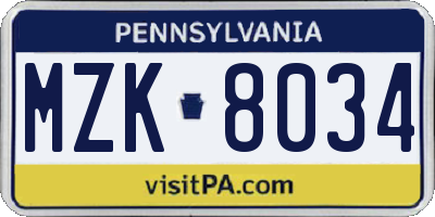 PA license plate MZK8034