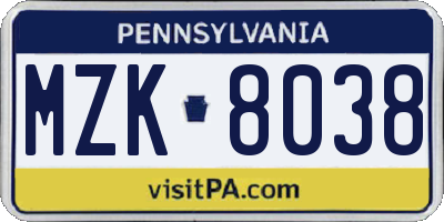 PA license plate MZK8038