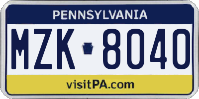 PA license plate MZK8040