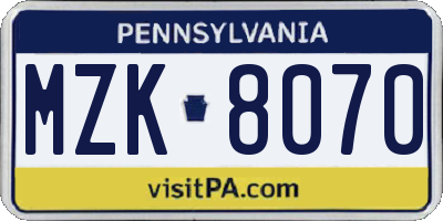 PA license plate MZK8070