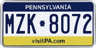 PA license plate MZK8072