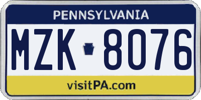 PA license plate MZK8076