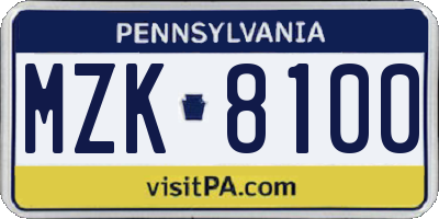 PA license plate MZK8100