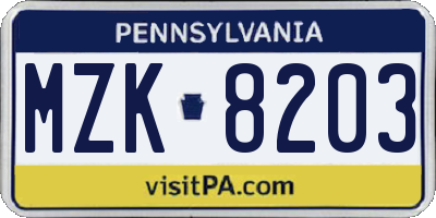 PA license plate MZK8203
