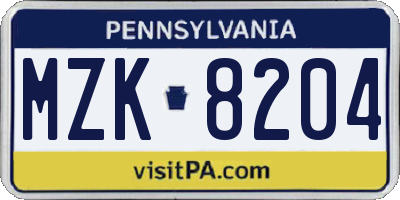 PA license plate MZK8204
