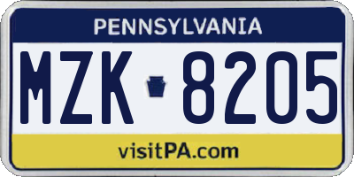PA license plate MZK8205