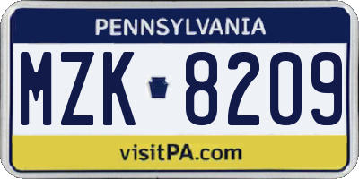 PA license plate MZK8209