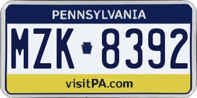 PA license plate MZK8392