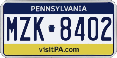 PA license plate MZK8402