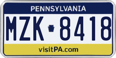 PA license plate MZK8418