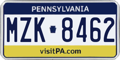 PA license plate MZK8462