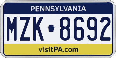 PA license plate MZK8692