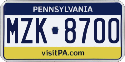 PA license plate MZK8700