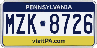 PA license plate MZK8726