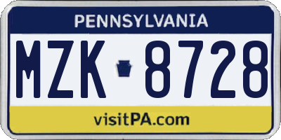 PA license plate MZK8728