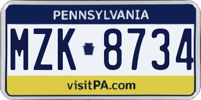 PA license plate MZK8734