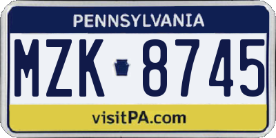 PA license plate MZK8745