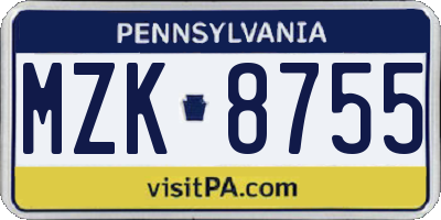 PA license plate MZK8755