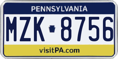 PA license plate MZK8756