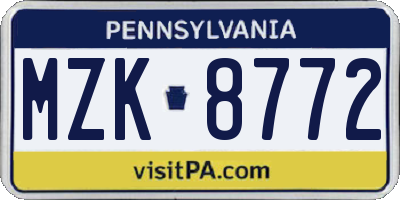 PA license plate MZK8772