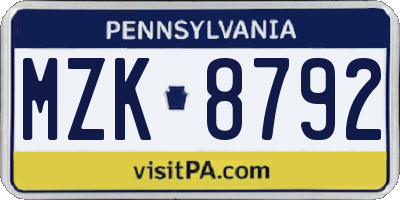 PA license plate MZK8792
