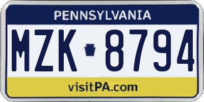 PA license plate MZK8794