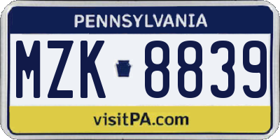 PA license plate MZK8839