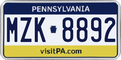 PA license plate MZK8892