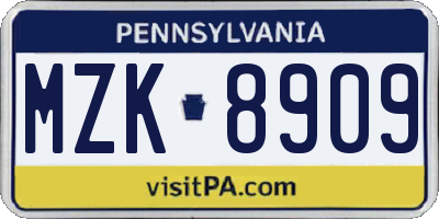 PA license plate MZK8909