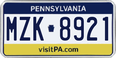 PA license plate MZK8921