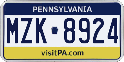 PA license plate MZK8924