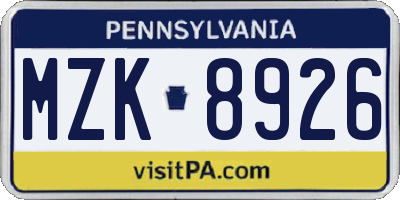 PA license plate MZK8926