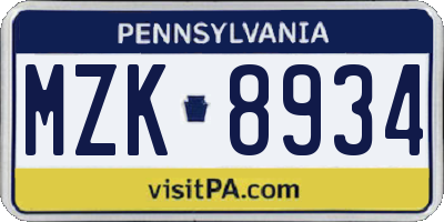 PA license plate MZK8934