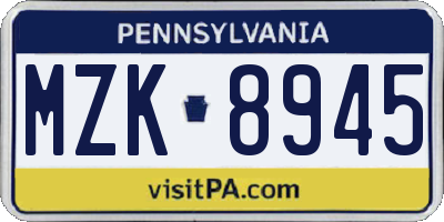 PA license plate MZK8945