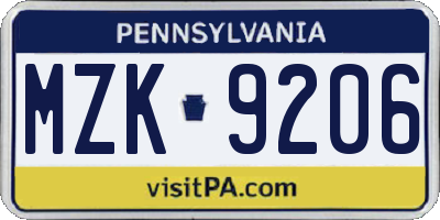 PA license plate MZK9206