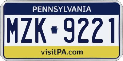 PA license plate MZK9221