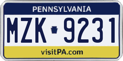 PA license plate MZK9231