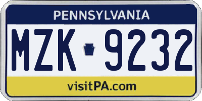 PA license plate MZK9232