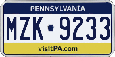 PA license plate MZK9233