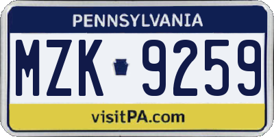 PA license plate MZK9259