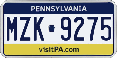 PA license plate MZK9275