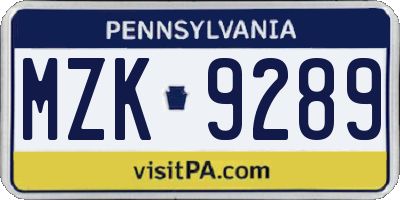 PA license plate MZK9289