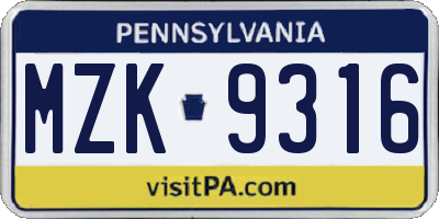 PA license plate MZK9316
