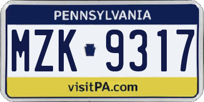 PA license plate MZK9317