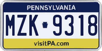 PA license plate MZK9318