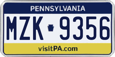 PA license plate MZK9356